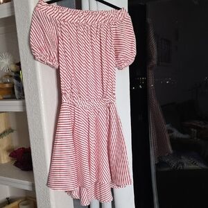 Guess Red and White Stripes  Puff Sleeve Off Shoulder Cotton Sundress Small